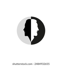 Logo mit Profilen und Silhouette eines Mannes und einer Frau von Angesicht zu Angesicht. Zwei schwarz-weiße Silhouetten eines Mannes und einer Frau als eine gegenüber. Männer und Frauen. Vektorillustration.