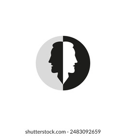 Logo with profiles and silhouette of two men face to face together. Two black and white silhouettes of a pair mens as one opposite. Vector illustration.