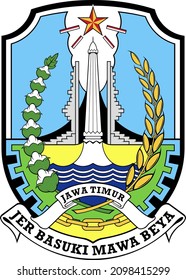 Logo of the Province of East Java, The coat of arms of East Java is in the form of a shield with a pentagon base shape. This symbol consists of images of stars, hero monuments, volcanoes, temple gates