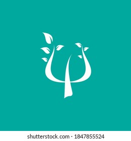 Logo for psychologists. Greek letter Psi with leaves. Neuropsychology and psychology logo isolated on blue.  Psychotherapy concept. Vector illustration