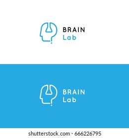 Logo for psychology medical health center with human head, test tube and question sign. Brain laboratory vector symbol