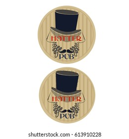 Logo for a pub or bar "Hatter" with a hat and needles with threads that in general form a portrait of a bearded man in a hat. Executed in a vintage style