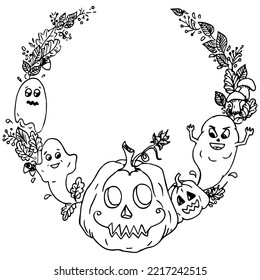 Logo of Pumpkins isolated on white background and autumn leaf. Hand drawn design vector black sketch illustration. Funny simple monochrome illustration for coloring, for web design. Halloween theme