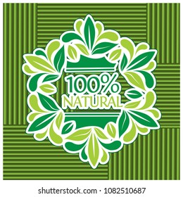 Logo Pure with lettering 100% Natural and leaves. Abstract decorative background. Seamless pattern. Vector.