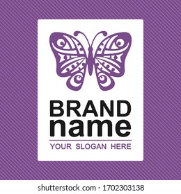 Logo purple butterfly and brand name text. Trendy icon, modern sign, stylish symbol, brand identity for business, cosmetic, fashion, beauty salon, hairdresser, yoga studio, kids club. Vector image.