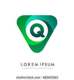 Logo Q letter, green colored in the triangle shape, Vector design template elements for your application or company identity.