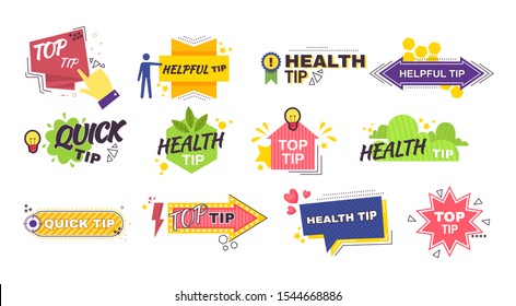 Schnelle Tipps zum Thema Logo-Gesundheit. Embleme und Banner hilfreiche Tipps, schnelle Tipp, Spitze mit gelbem Glühbirnen, Stunden, Holz, Lautsprechersymbol Vektorillustration einzeln auf weißem Hintergrund