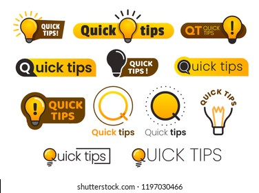 Logo quick tips. Yellow lightbulb icon with quicks tip text. Lamp of advice idea quickly solutions advices trick mark, helpful suggestions vector banner isolated sign set