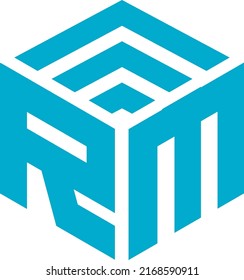 logotipo r y m en forma de hexágono y techo, logotipo inmobiliario y color azul