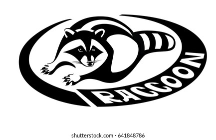 Logo Raccoon face isolated. Creative, stylized design template. White letters on a white background illustration. Black and white stripes, geometric image layout business banner

