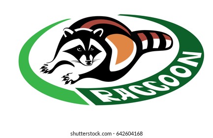 Logo of a raccoon face isolated.Creative, stylized design template. Green, white letters on a white background illustration. Black and white stripes, geometric image layout business banner 