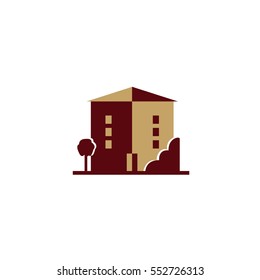 logo rad building with Windows and a tree
