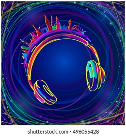 the logo of the radio station assorted colors, headphones music.