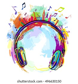 the logo of the radio station assorted colors, headphones music.