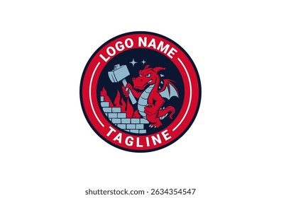 logo of a rampaging dragon using a cool hammer
