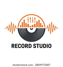 A logo for a record studio featuring a vinyl record with sound wave and cityscape design elements music production and audio engineering concept