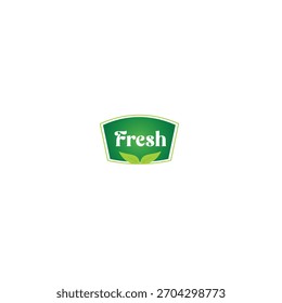 The logo is rectangular with a curved bottom, gradating from dark green to yellowish green. In the center is the word “FRESH” in a unique font, and below it are two leaves symbolizing freshness.