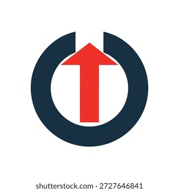 Logotipo con flecha roja apuntando hacia arriba en un círculo azul oscuro