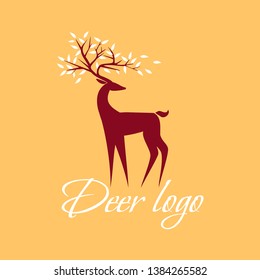 Logo red deer on a light background with the leaves on the horns. Web-icon. Vector illustration.