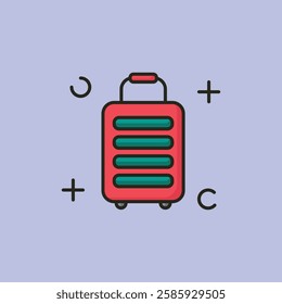 logo Red suitcase with four wheels suitable for travel and vacation concepts, luggage, baggage, transportation, airports, and tourismrelated designs.