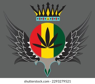 A logo for reggae with wings and a crown with the word reggae on it. weed logo, wings, king crown, ganja logo.