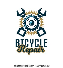 Logo repair bicycles. A bicycle sprocket and wrench crosswise. Vector illustration. Flat style