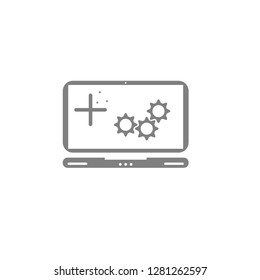 Logo repair laptop. Vector flat image of notebook, octagonal nut, gears, cross, plus and star. Grey icon for the store, website or business card.