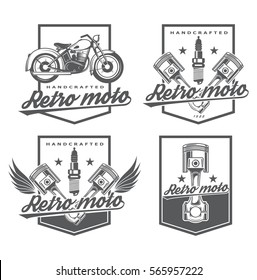 logo repair and restoration of vintage equipment. Garage Classics. Stylish logo for car repairs. Icon for parts online store. Set emblem with piston and motorcycle.