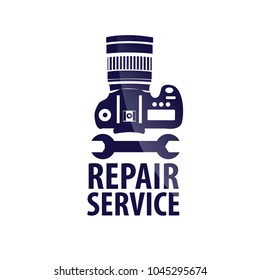 Logo-Reparaturservice-Kamera: Kamera und Text in dunkelblauem Hintergrund. Vektorbild