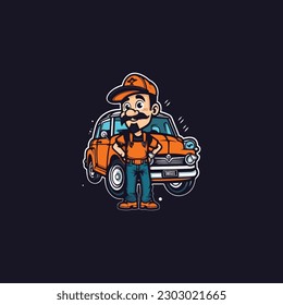 logo for a repair shop company with the mascot of a technician repairing a car.