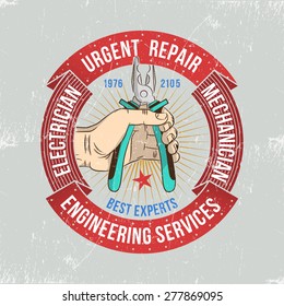 Logo of repair workshop. Hand holds pliers framed retro banner. Color version of the emblem mechanic or electrician. Scratches on a separate layer.