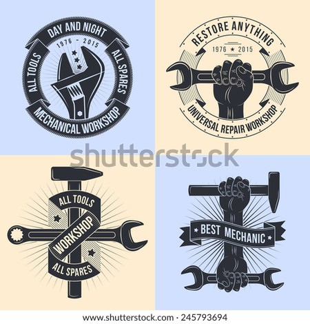 Logo for repair workshop in old school style. Vintage mechanics emblem. Working tools - open-end, adjustable wrench. Hand with hammer, spanner.