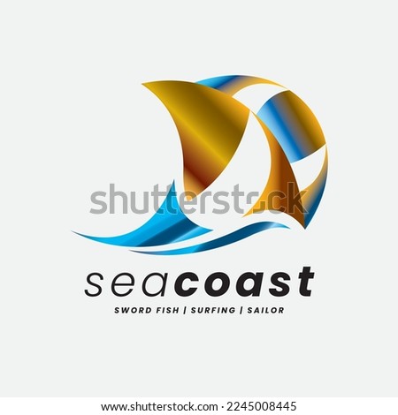 Logo represents a maritime branding, sailing yacht as a right symbol of freedom and fishing adventure.