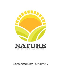Logo represents sun and landscape. Perfect for organic food, eco energy, green business, gardening, farming, solar energy, beauty products, spa, wellness, medical institutions, vegan shops.