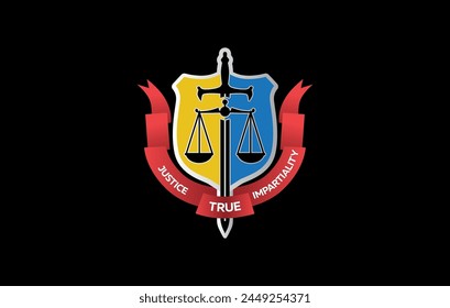 The logo represents true impartiality of justice. Logos are black, red and yellow.