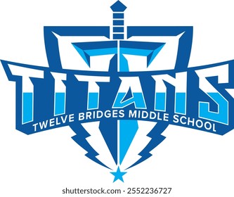 
El logotipo representa a los Titanes de la Escuela Media de Twelve Bridges con un audaz diseño de espada y escudo en azul. Simboliza la fuerza, la unidad y el orgullo escolar haciendo hincapié en la resiliencia y la excelencia académica.