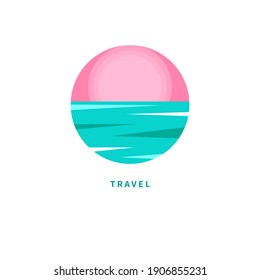 Logo for resort, hotel, travel agency, spa with sun and sea. Geometric abstract summer icon with ocean and sunrise. Vector illustration
