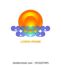 Logo for resort, hotel, travel agency, spa with sun and sea. Geometric abstract summer icon with ocean and sunrise. Vector illustration
