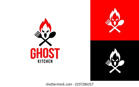Logo for a restaurant or chef company. Combines demon fire with spoon and fork.
