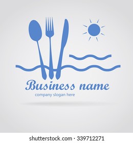 Logo restaurant with cutlery. A spoon, fork and knife on spiral line. Logo food seafood. vector.
