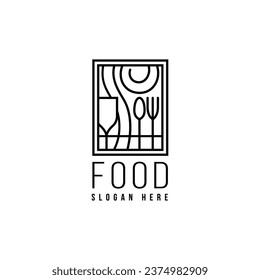 Logo Restaurant Food design with spoon, fork and wine glass in line art design style