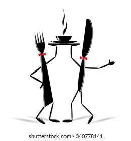 logo restaurant. Funny a fork and a knife with hot food