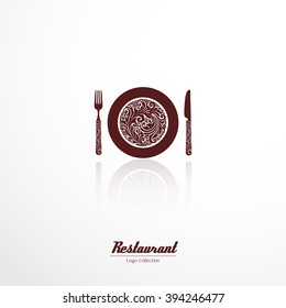Logo restaurant. Ornate ornate cutlery: plate, fork and knife icon. Vector illustration for menu, banner, poster, business sign, identity, branding