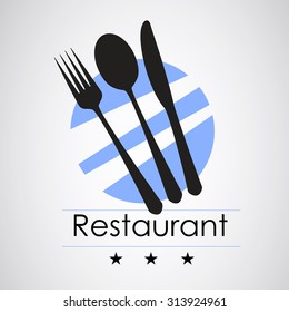 Logo restaurant with three kitchen cutlery and three stars with blue background