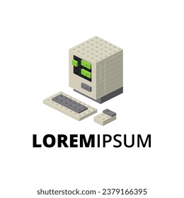 Logo with retro computer for printing and design. Vector illustration.