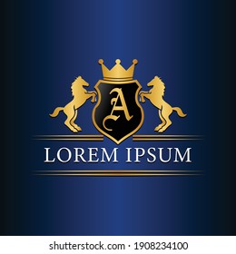 A logo Retro golden crest with shield and two horses. Can be used as logo, emblem or banner for luxury, royal or vintage design concept.
