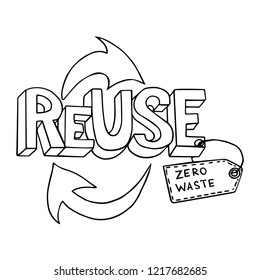 Logo of reuse and Zero waste concept. Hand drawn doodle sketch vector illustration isolated on white background. Ecological lifestyle and sustainable developments icons. Waste less concept.
