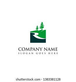 Logo River Vector Pine Tree Icon Simple Green Creek Nature Hill and Valley Design Template 