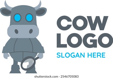 Un logotipo de un personaje de vaca robot con ojos azules, sosteniendo una lupa