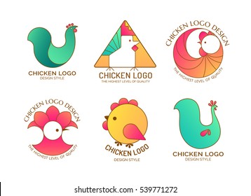 Logo rooster, chicken, chick. Set of collection icons. Vector colorful illustration, isolated on a white background.
